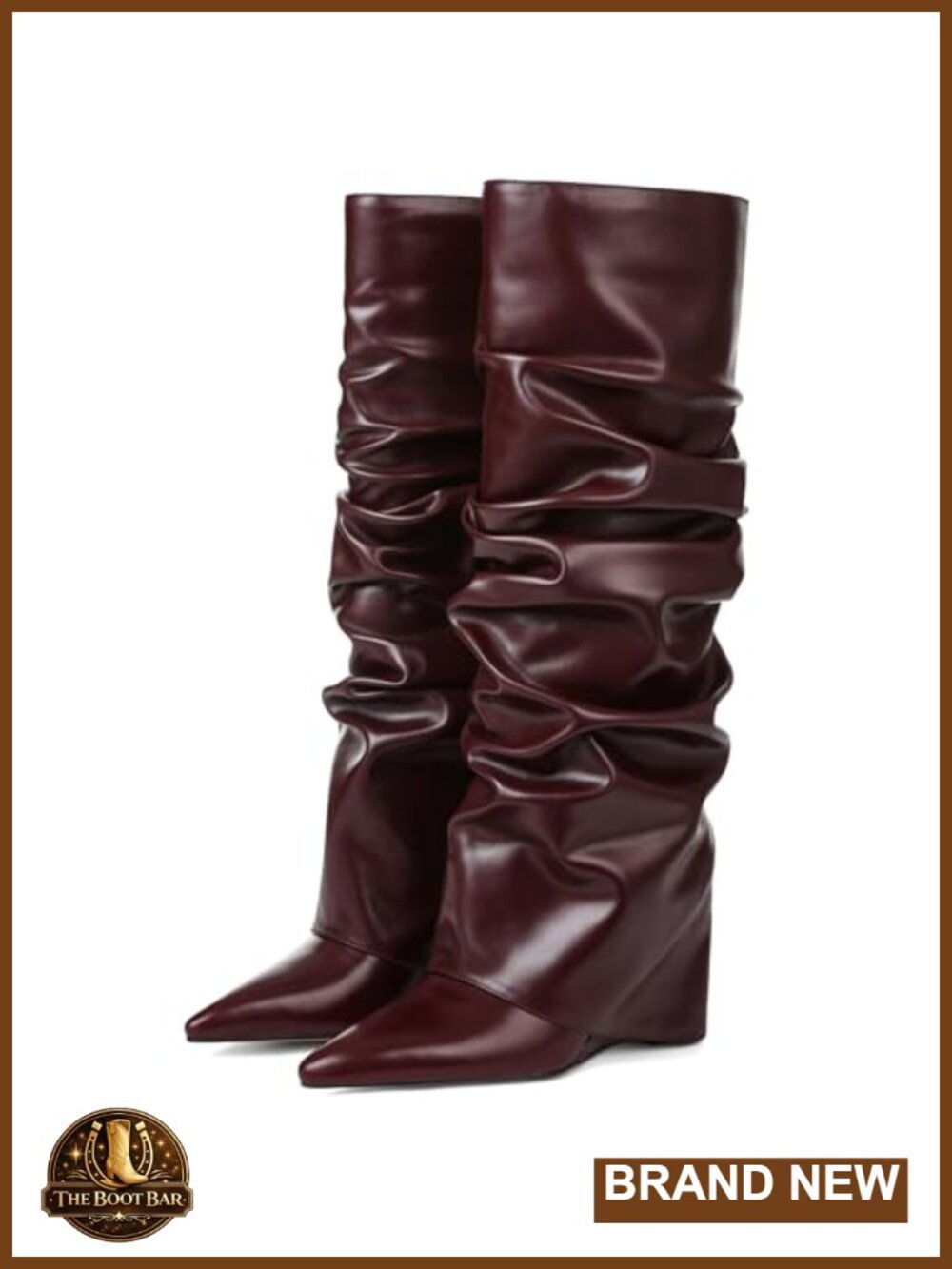 Faux Leather Fold Over Slouchy Knee High Wedge Boots Pointed Toe